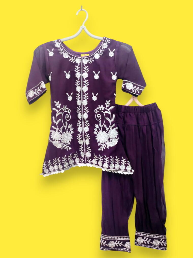 Premium Purple Kids Embroidered Cotton Kurti Pant Set