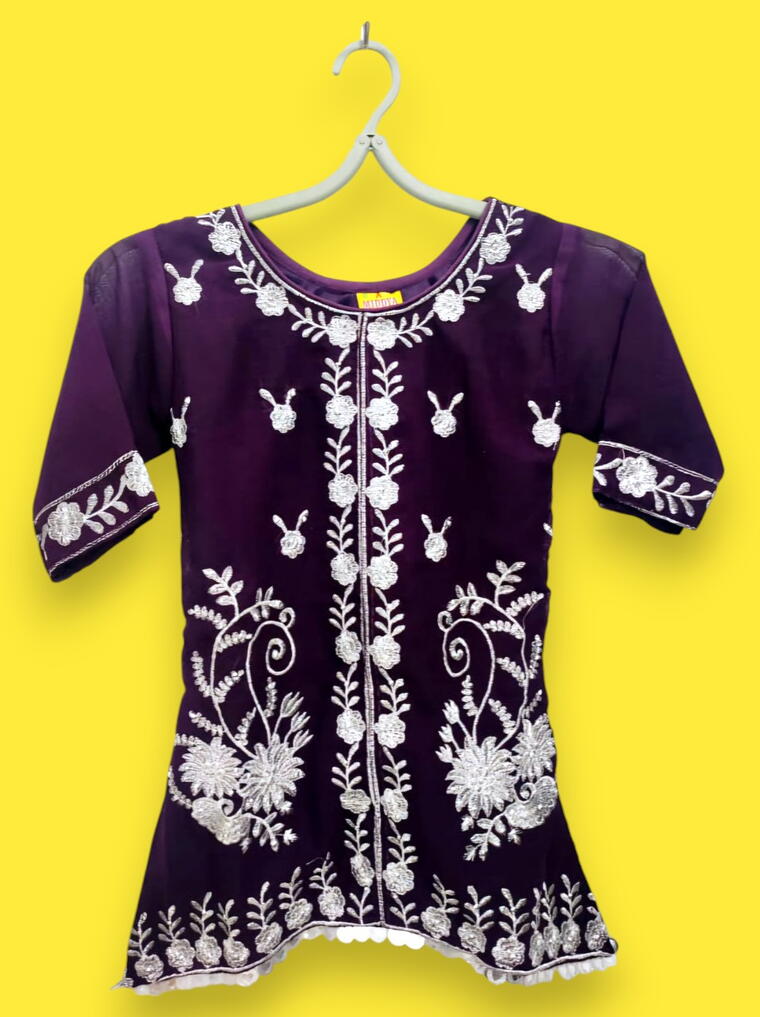 Premium Purple Kids Embroidered Cotton Kurti Pant Set