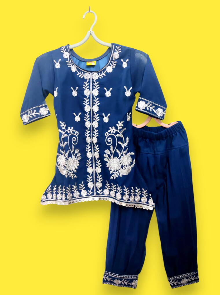 Royal Blue Children's Embroidered Kurti Pants Set