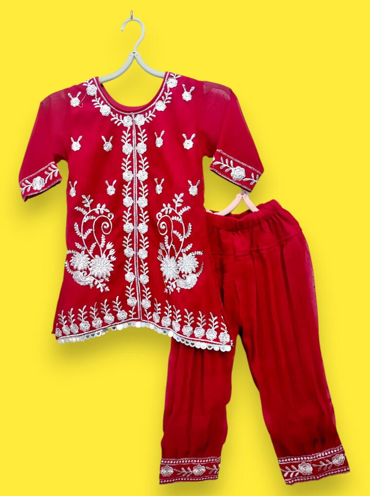 Vibrant Red Kids Ethnic Wear Embroidered Kurti Pants Set