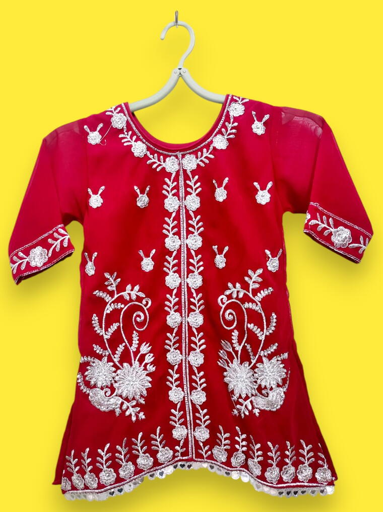 Vibrant Red Kids Ethnic Wear Embroidered Kurti Pants Set