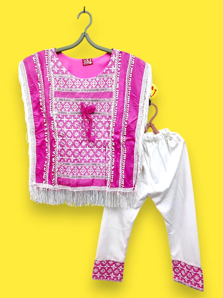 Trendy Pink Poncho Style Kids Kurti with White Pant