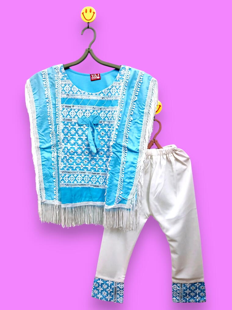 Sky Blue Kids Poncho Top with White Pants