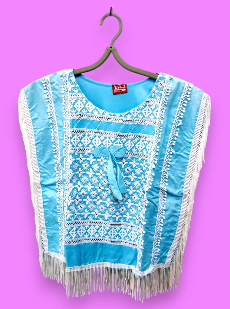Sky Blue Kids Poncho Top with White Pants