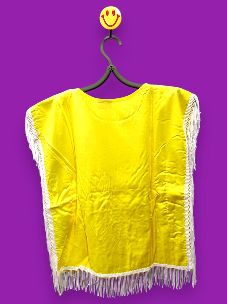 Vibrant Yellow Tassel Poncho with White Pants