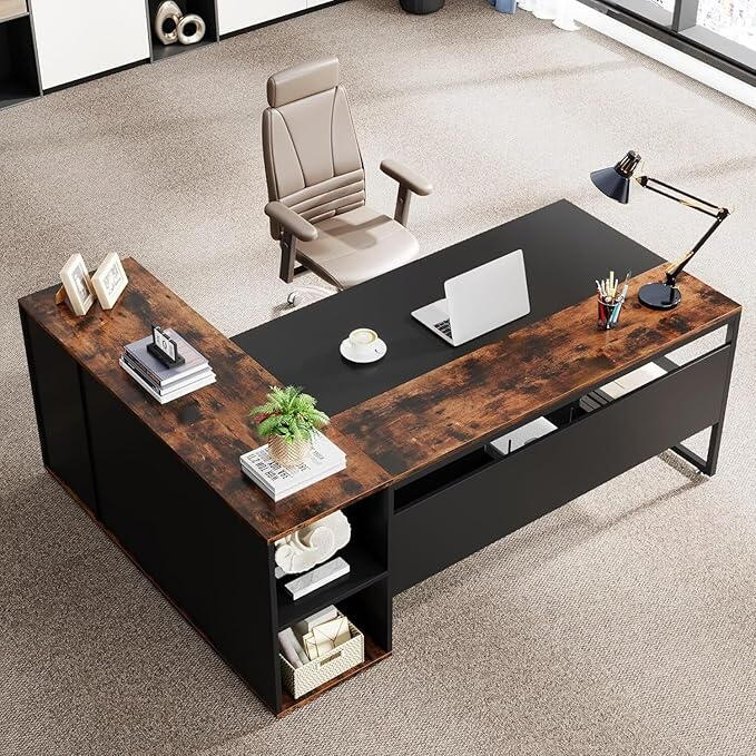 L Shaped Director Desk - Right Side Storage | Manager Cabin Desk with Storage