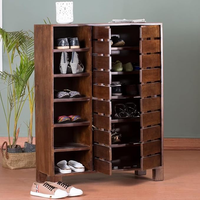  Wooden Shoe Rack with Cabinet and Light Walnut Finish