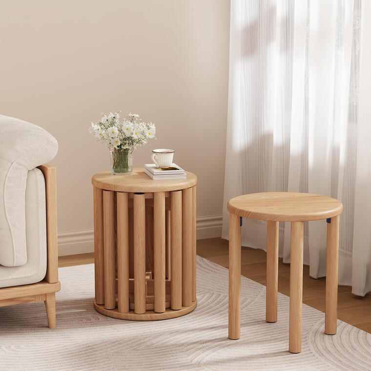 Stools Set of 4,4-in-1 Wood Stool, Round Wooden Stools with Anti-Slip Foot Pads