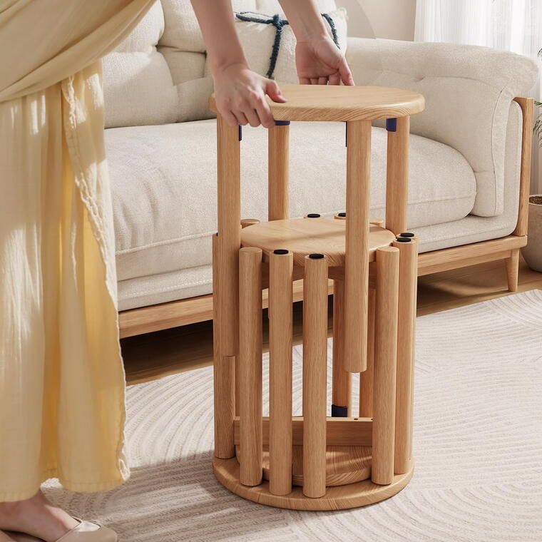 Stools Set of 4,4-in-1 Wood Stool, Round Wooden Stools with Anti-Slip Foot Pads