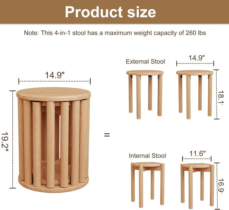 Stools Set of 4,4-in-1 Wood Stool, Round Wooden Stools with Anti-Slip Foot Pads