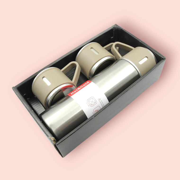 VACUUM FLASK SET WITH THREE CUP - STEEL