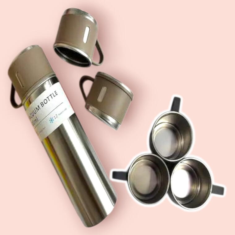 VACUUM FLASK SET WITH THREE CUP - STEEL