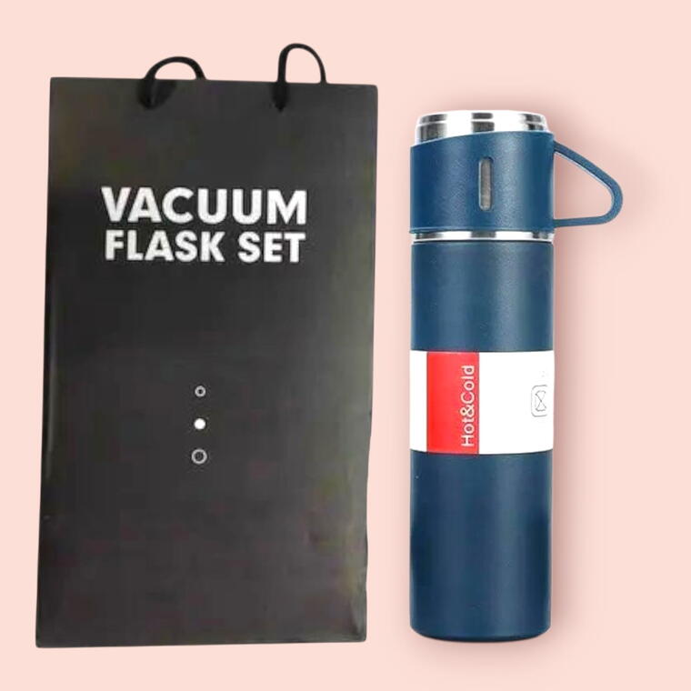 VACUUM FLASK SET WITH THREE CUP - NAVY BLUE