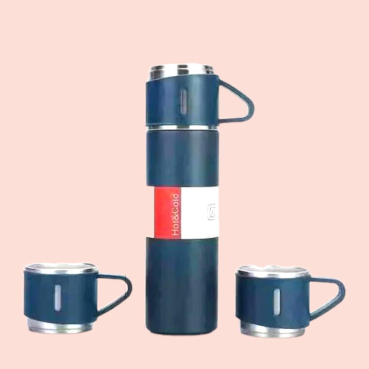 VACUUM FLASK SET WITH THREE CUP - NAVY BLUE