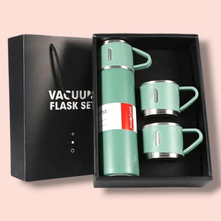 VACUUM FLASK SET WITH THREE CUP - GREEN (PISTA)