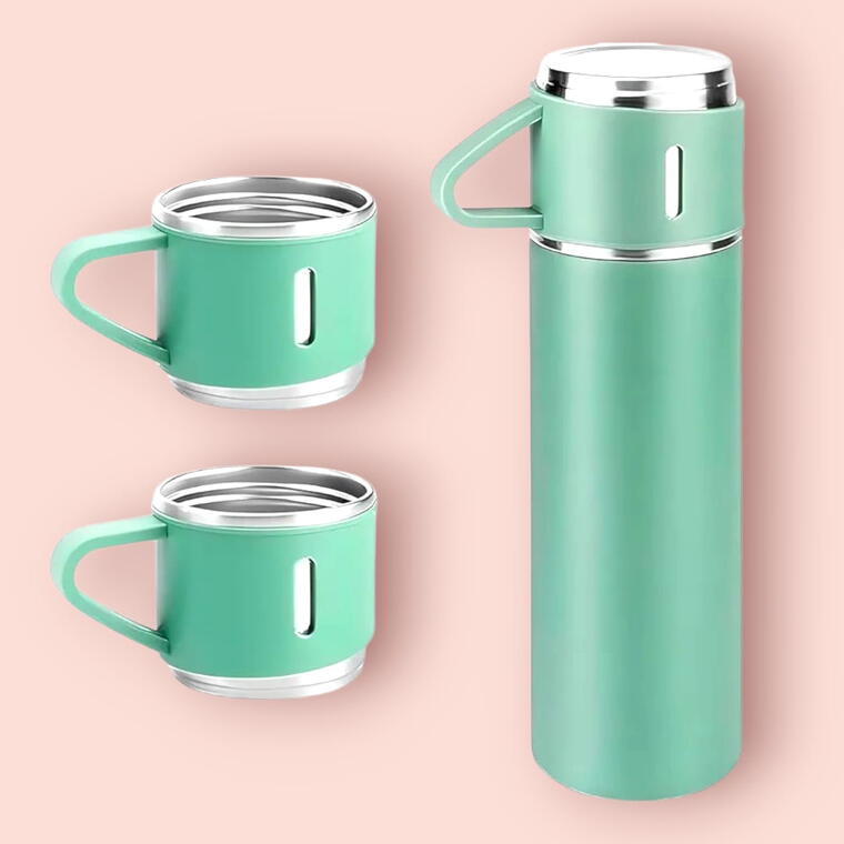 VACUUM FLASK SET WITH THREE CUP - GREEN (PISTA)