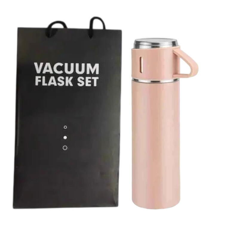 VACUUM FLASK SET WITH THREE CUP - PINK (PEACH)