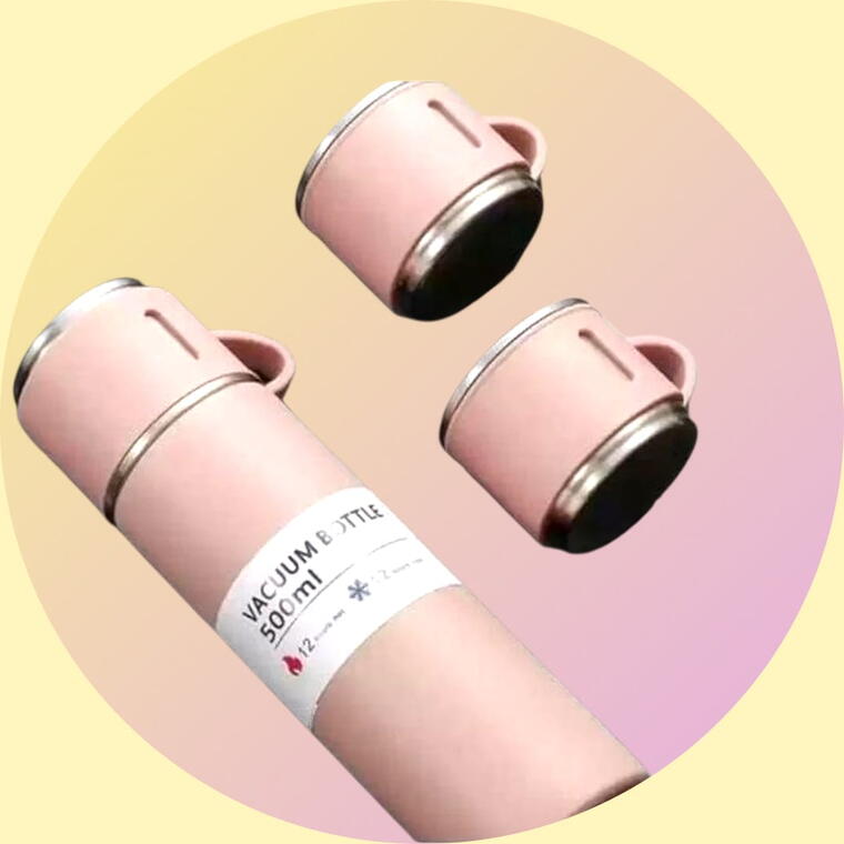 VACUUM FLASK SET WITH THREE CUP - PINK (PEACH)