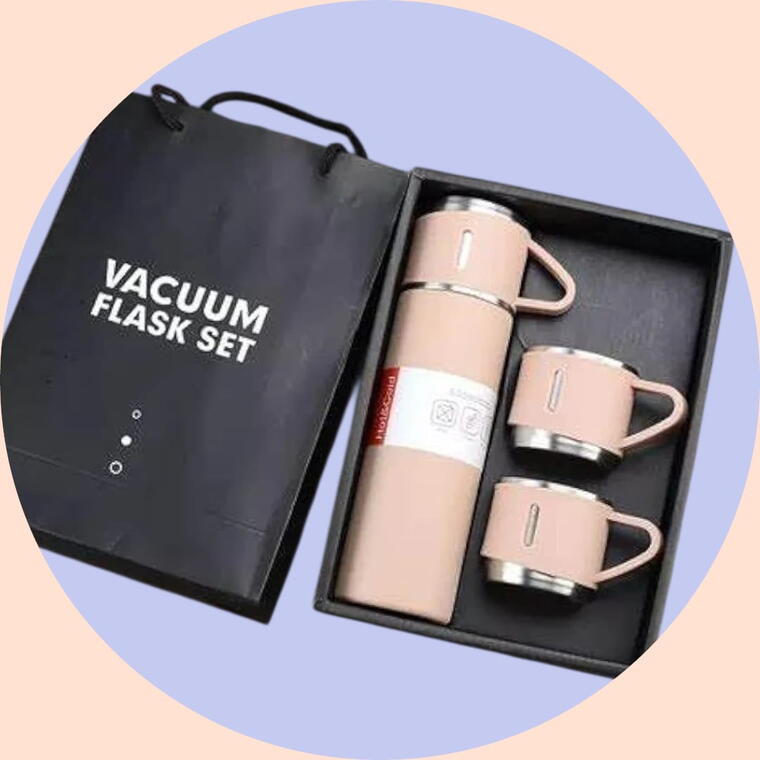 VACUUM FLASK SET WITH THREE CUP - PINK (PEACH)