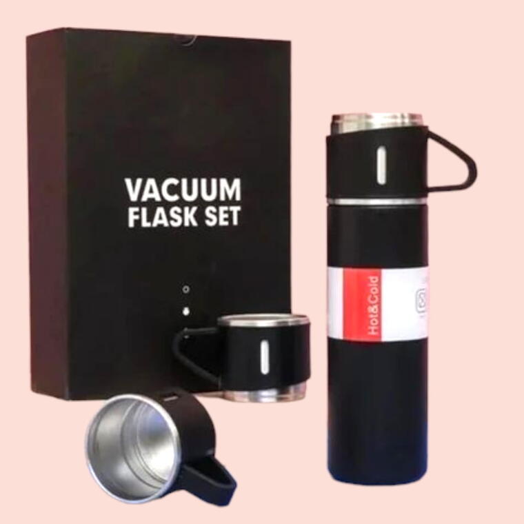 VACUUM FLASK SET WITH THREE CUP - BLACK