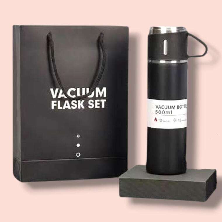 VACUUM FLASK SET WITH THREE CUP - BLACK
