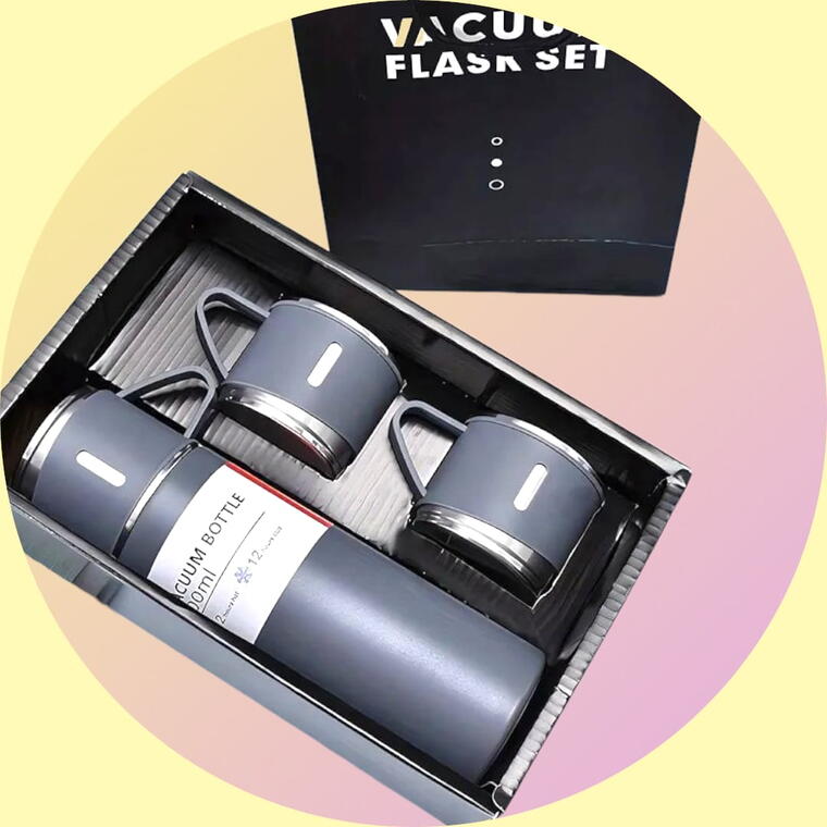 VACUUM FLASK SET WITH THREE CUP - GREY