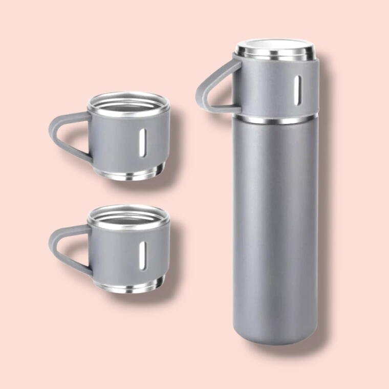 VACUUM FLASK SET WITH THREE CUP - GREY