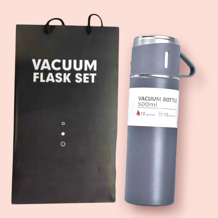 VACUUM FLASK SET WITH THREE CUP - GREY