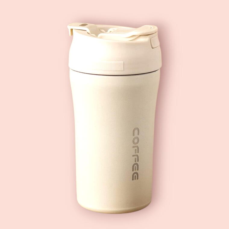 STAINLESS STEEL TRAVEL MUG/SIPPER 2 WAY - FLIP COVER &amp; STRAW - WHITE