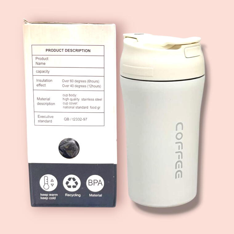 STAINLESS STEEL TRAVEL MUG/SIPPER 2 WAY - FLIP COVER &amp; STRAW - WHITE