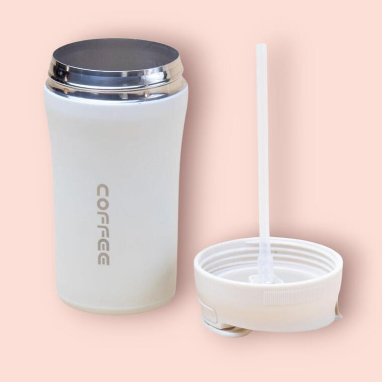 STAINLESS STEEL TRAVEL MUG/SIPPER 2 WAY - FLIP COVER &amp; STRAW - WHITE