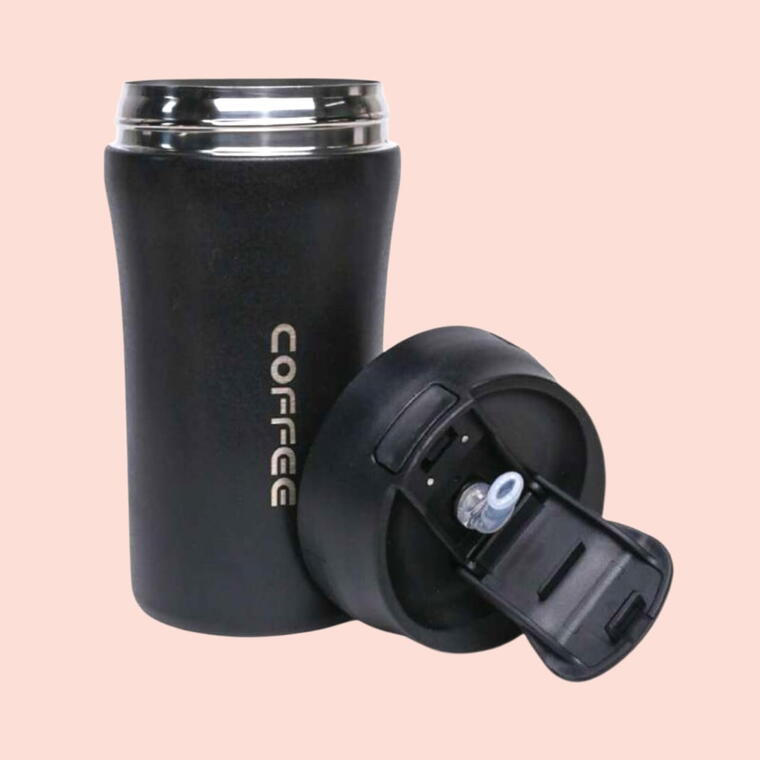 STAINLESS STEEL TRAVEL MUG/SIPPER 2 WAY - FLIP COVER &amp; STRAW - BLACK