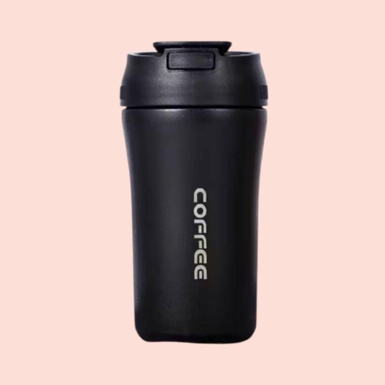 STAINLESS STEEL TRAVEL MUG/SIPPER 2 WAY - FLIP COVER &amp; STRAW - BLACK