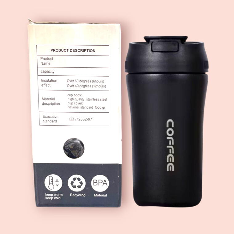 STAINLESS STEEL TRAVEL MUG/SIPPER 2 WAY - FLIP COVER &amp; STRAW - BLACK