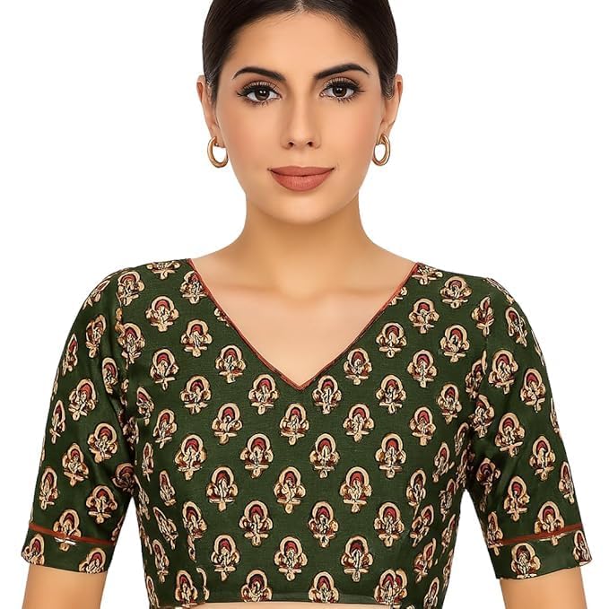 Pure Cotton Printed Princess Cut Front Open Green Free Size Blouse