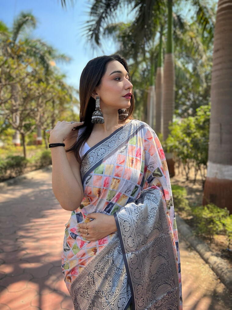 Exclusive Tussr Silk Multi Colour Grey Saree || Shreelanga