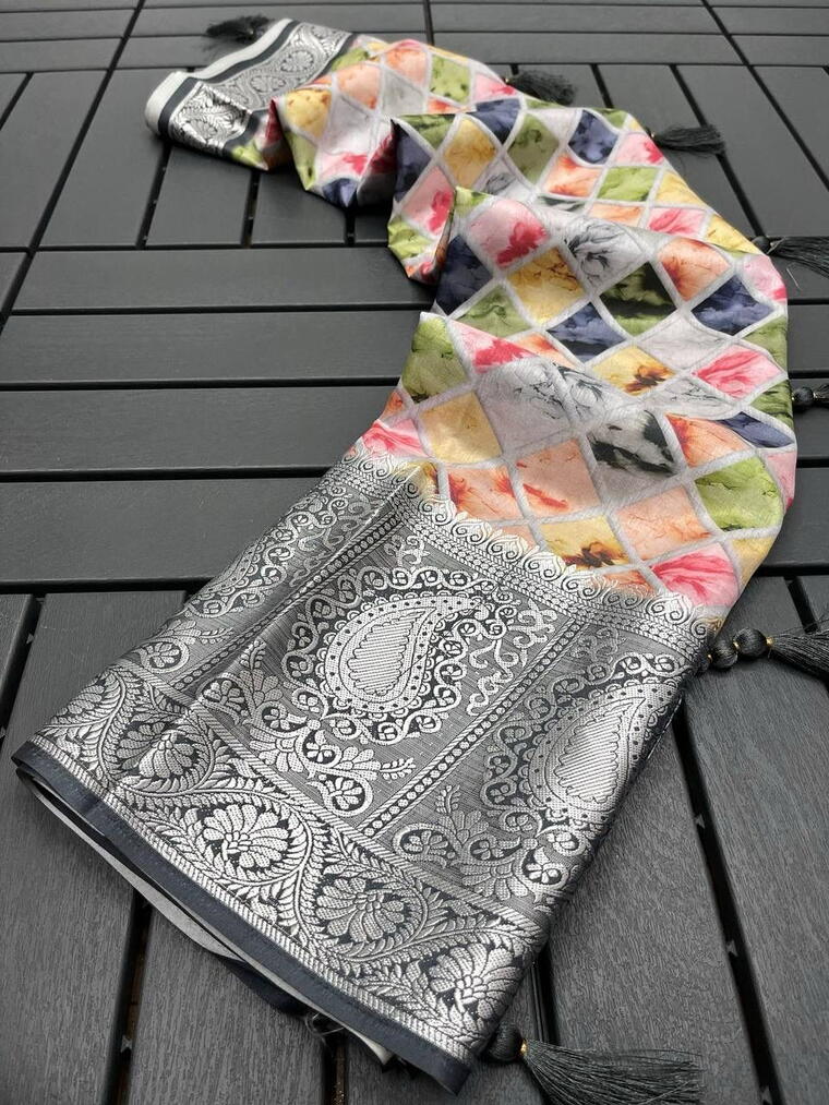 Exclusive Tussr Silk Multi Colour Grey Saree || Shreelanga