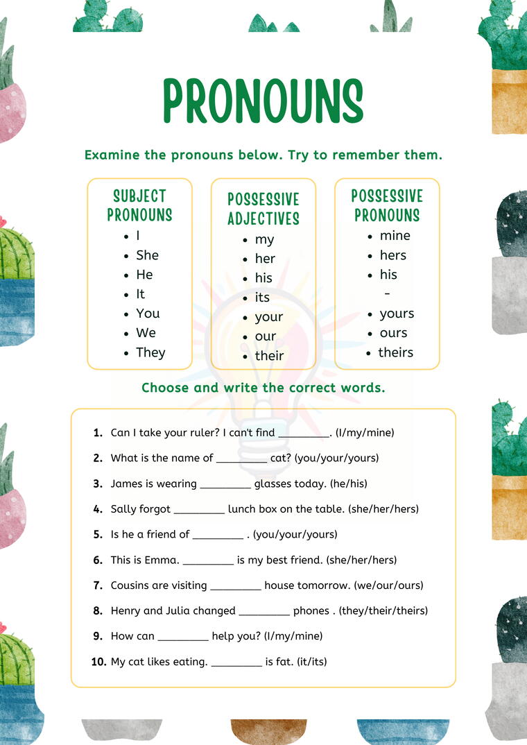Pronouns Worksheets For Class 3