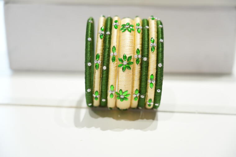 Silk Thread Bangles.(Dark Green &amp; White cream Combination)