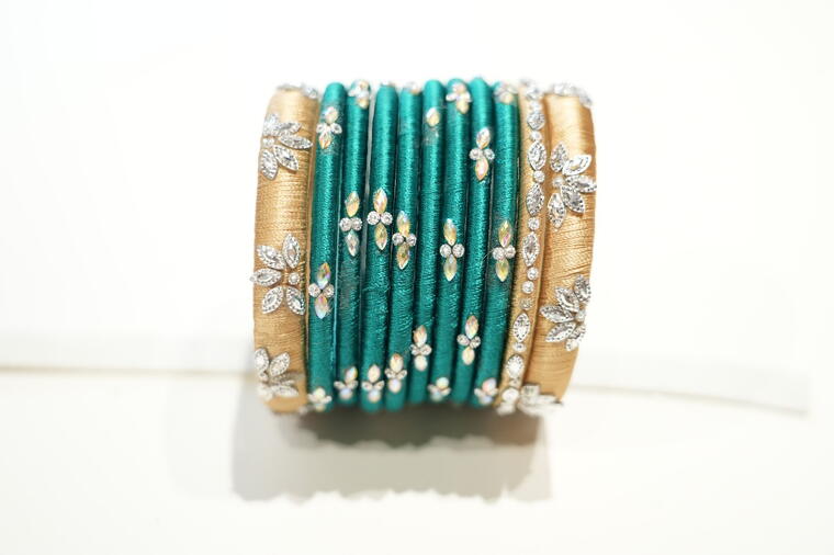 Silk Thread Bangles.(Green &amp; Gold Combination)