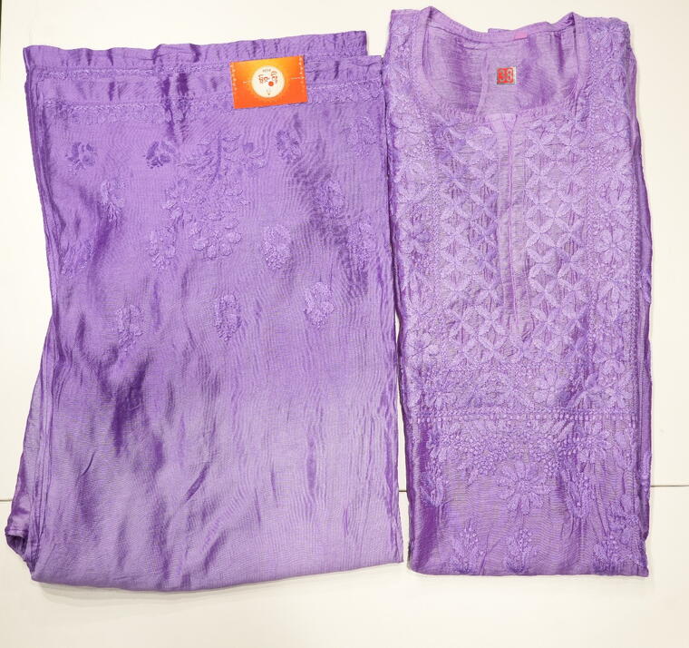 Chanderi Cotton Kurta set.(Chikankari work) Purple.