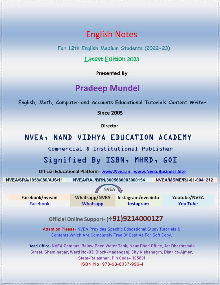 (59) KV Class 12th English Important Notes 