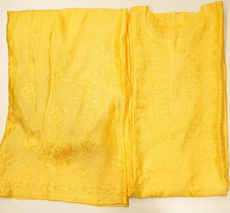 Chanderi Cotton Kurta set.(Chikankari work) Yellow.  