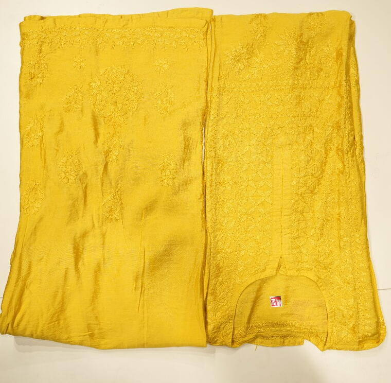 Chanderi Cotton Kurta set.(Chikankari work) Yellow.  