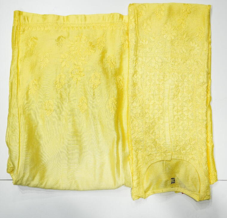 Chanderi Cotton Kurta set.(Chikankari work) Lemon yellow.  
