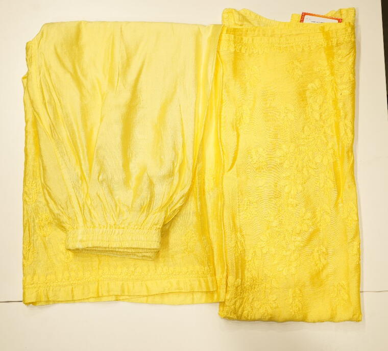 Chanderi Cotton Kurta set.(Chikankari work) Lemon yellow.  