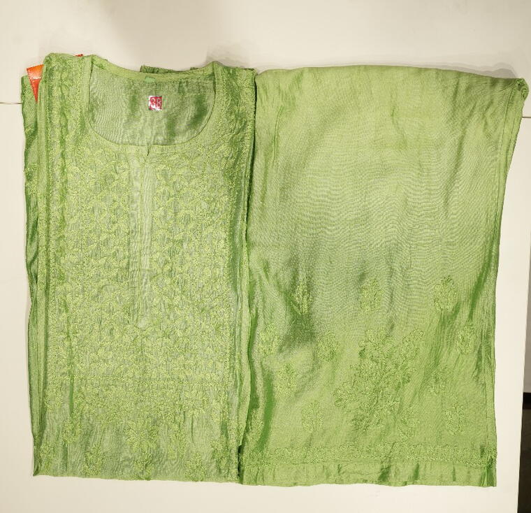 Chanderi Cotton Kurta set.(Chikankari work) Green.