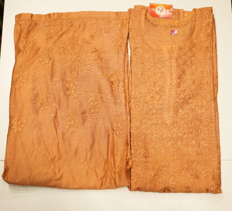 Chanderi Cotton Kurta set.(Chikankari work) Orange.