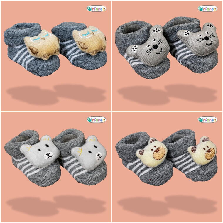 Super Soft Spandex Sock Booties with Cute Plush Face for Newborns, Light Grey