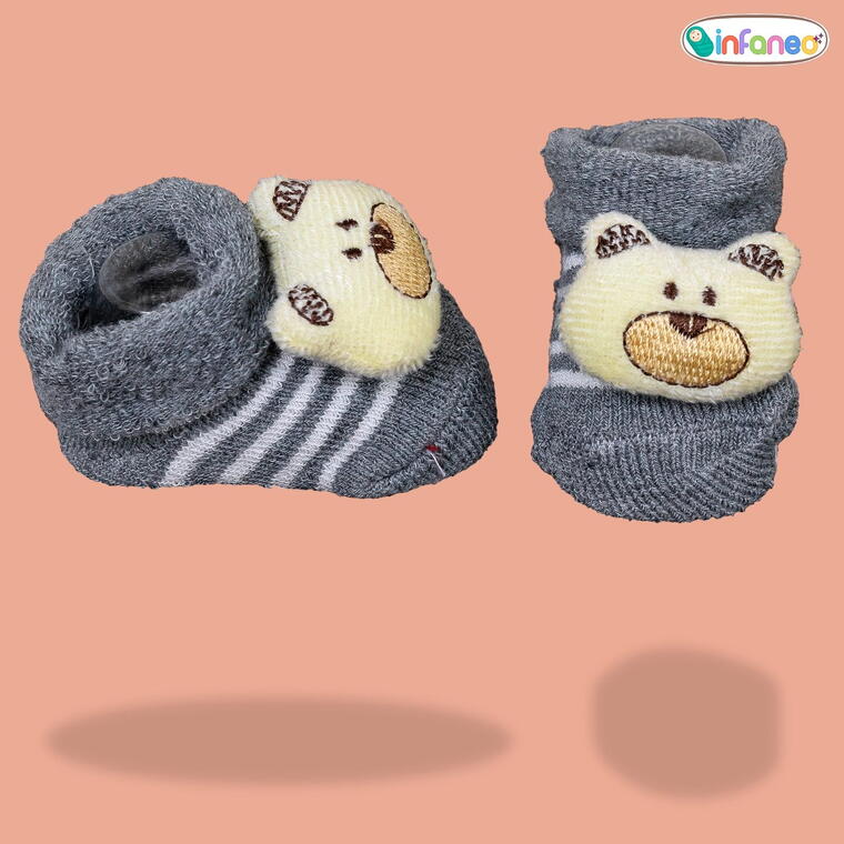Super Soft Spandex Sock Booties with Cute Plush Face for Newborns, Light Grey